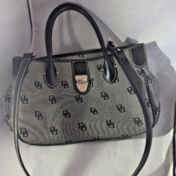 Authentic Dooney & Bourke Black Monogram Handbag Handles Shoulder Strap Purse - Picture 2 of 9